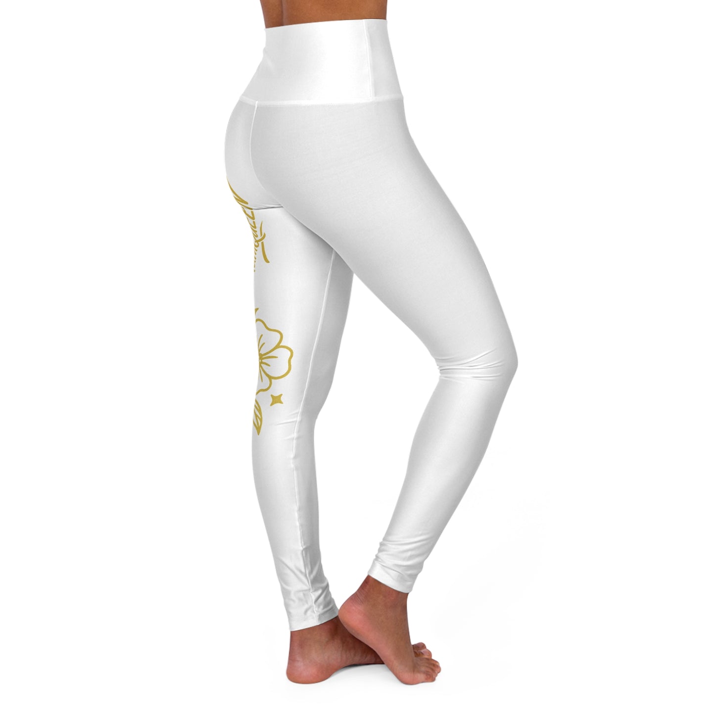 High-Waisted Yoga Leggings — Gold Floral “Namaste Queen” Side Print