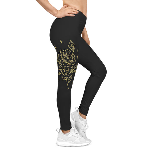Women's 'iamQUEEN' Black & Gold Floral Leggings