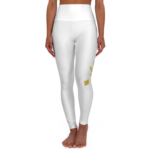 High-Waisted Yoga Leggings — Gold Floral “Namaste Queen” Side Print