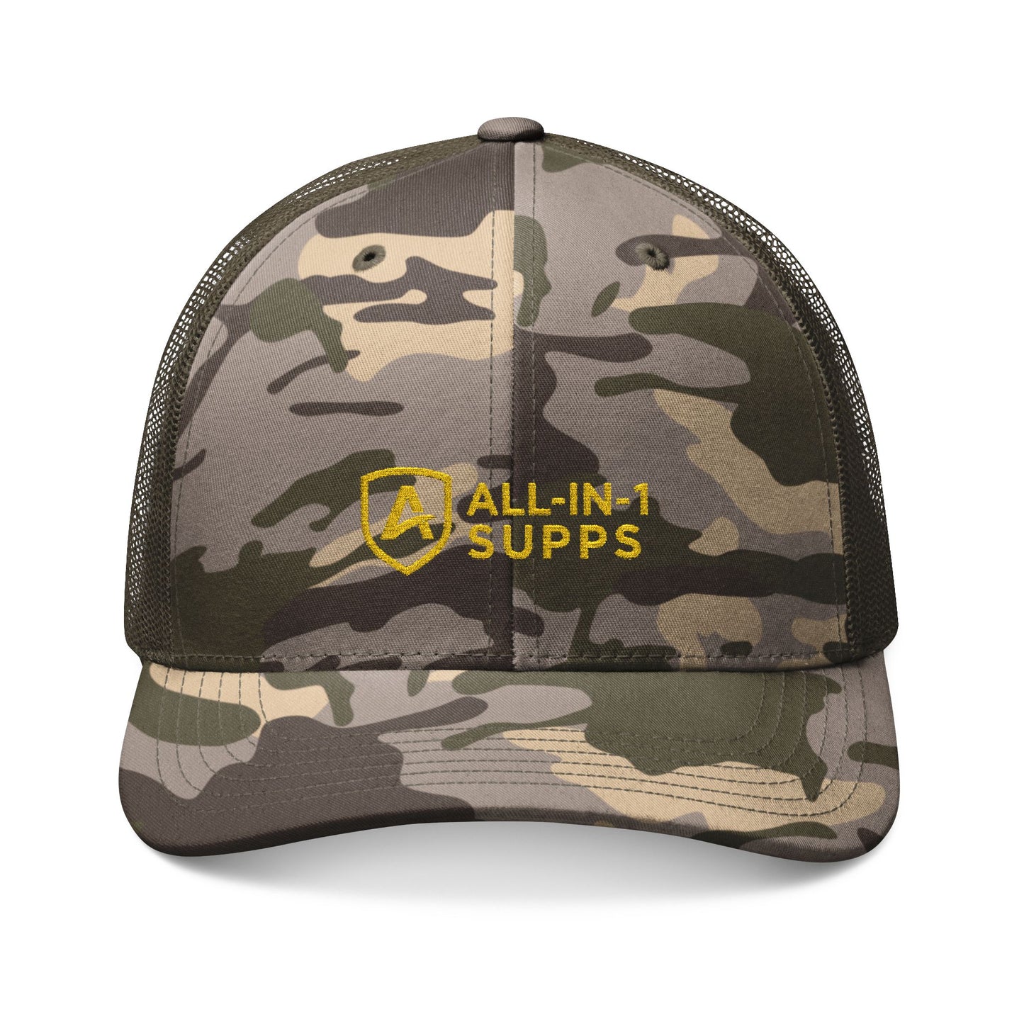 Camouflage Trucker Hat — Embroidered "All-In-1 Supps" Logo