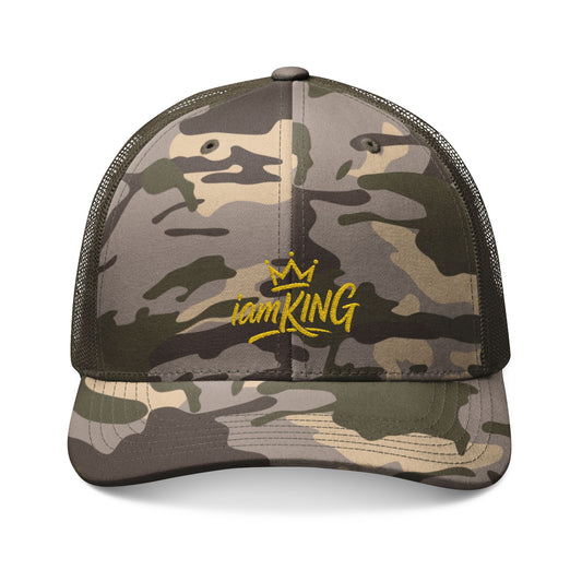 Camo Trucker Hat — "iamKING" Yellow Embroidery