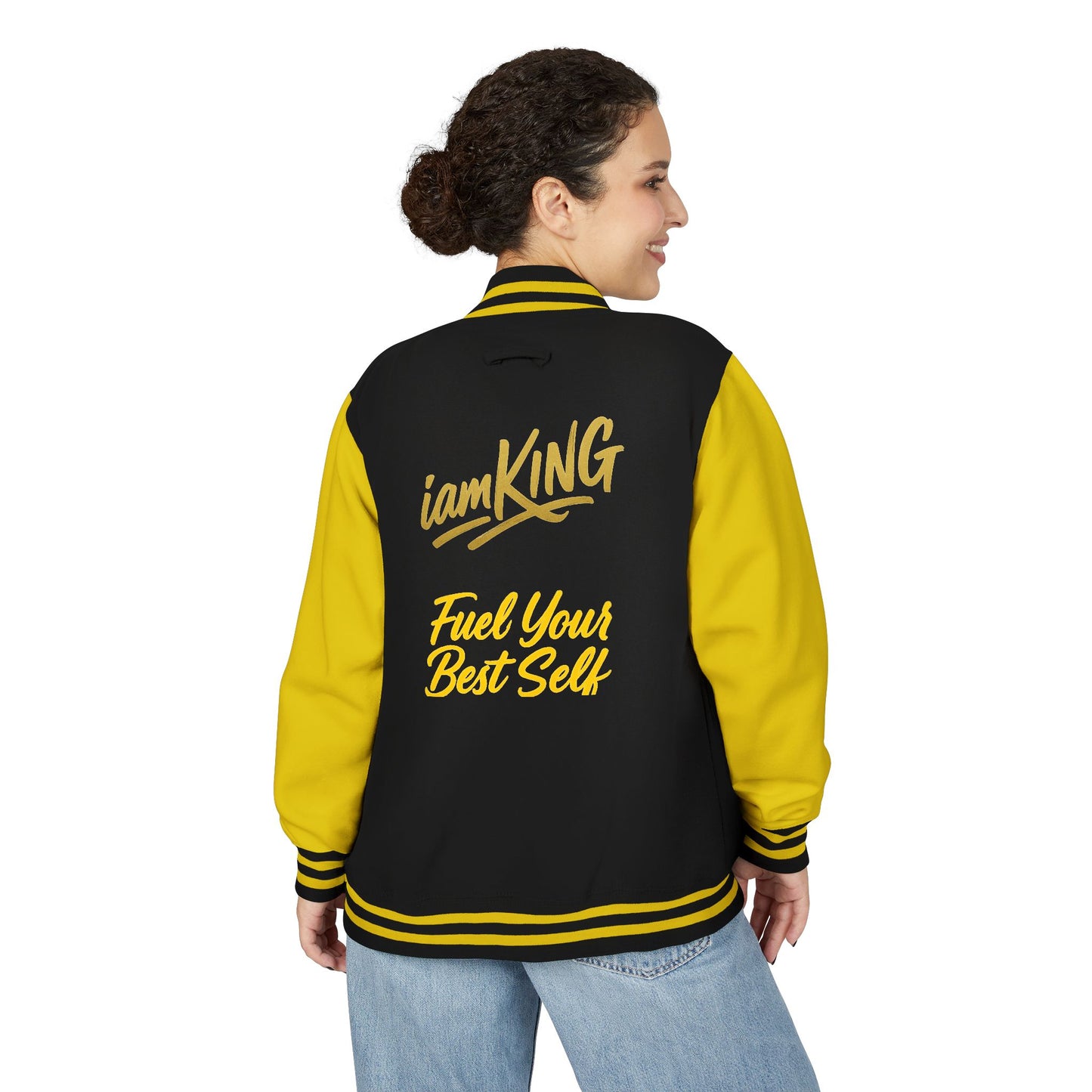 Letterman Jacket - 'iamKing' Gold Varsity Jacket (Fuel Your Best Self)