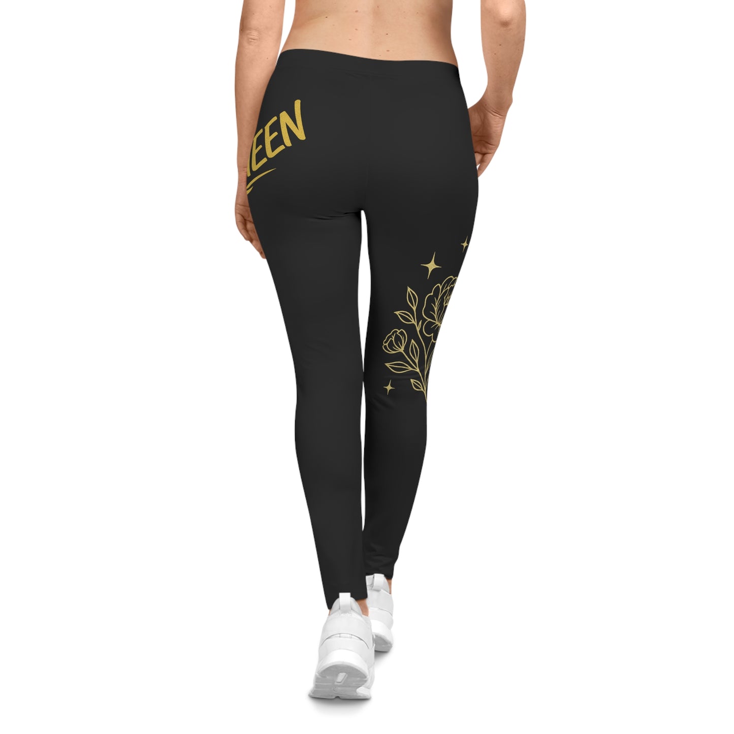 Women's 'iamQUEEN' Black & Gold Floral Leggings