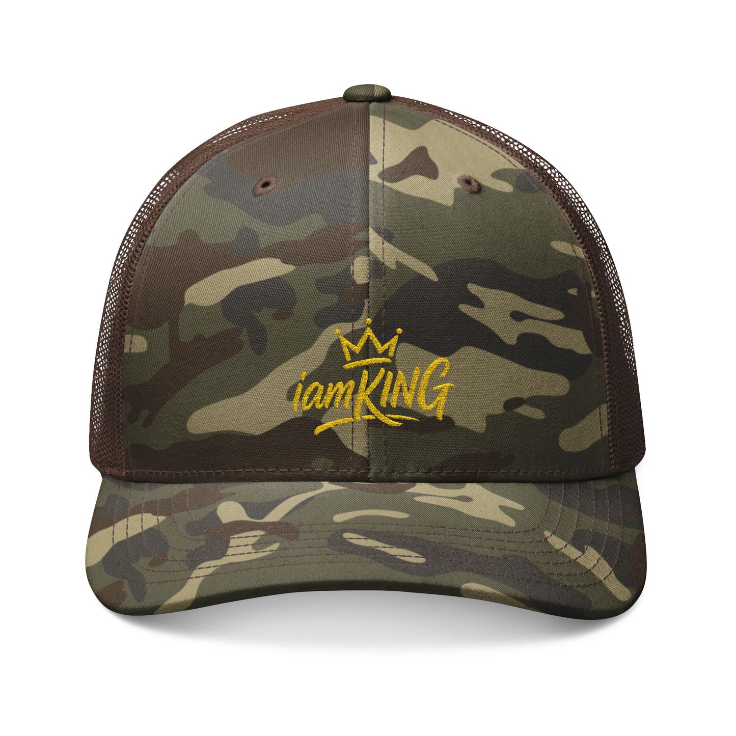 Camo Trucker Hat — "iamKING" Yellow Embroidery