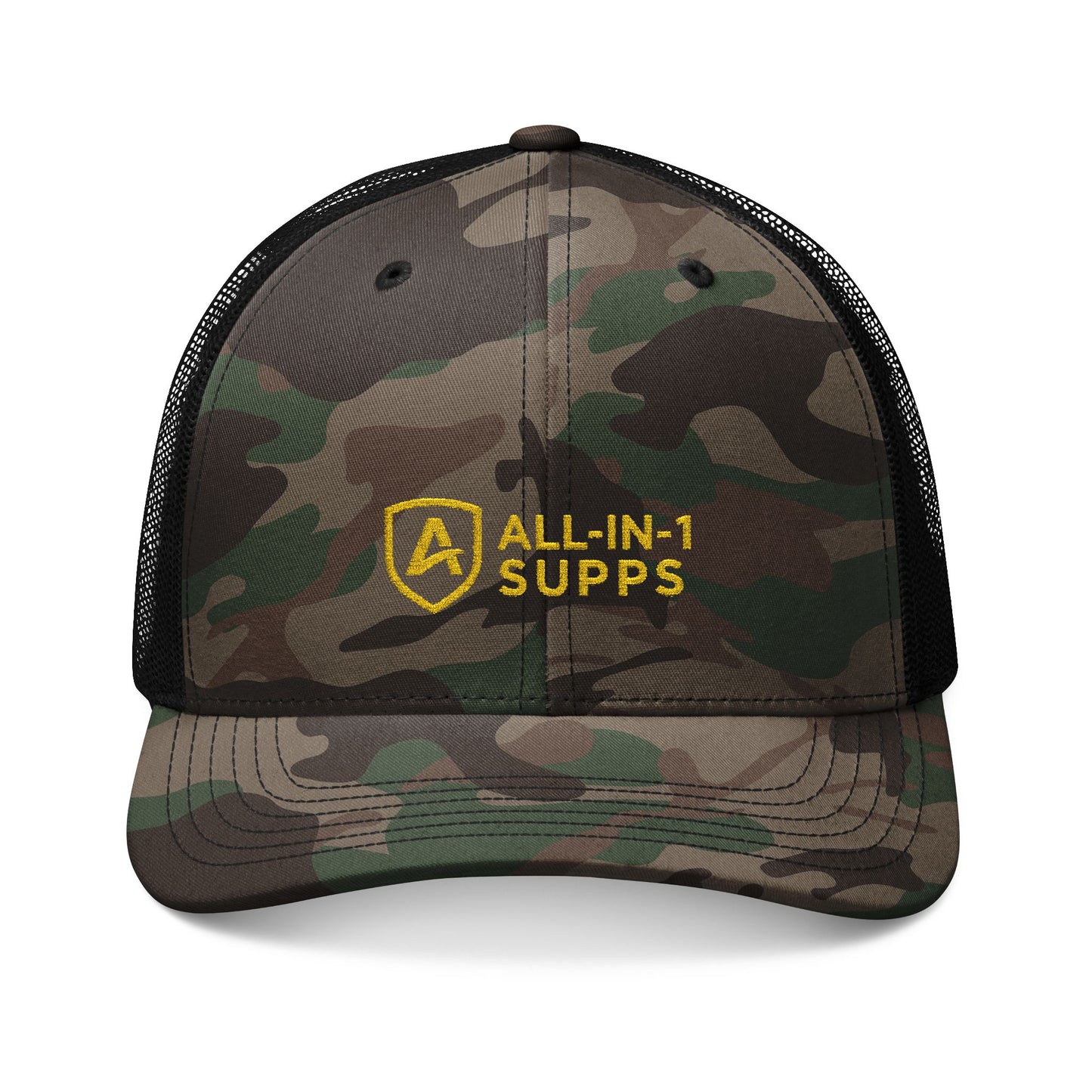 Camouflage Trucker Hat — Embroidered "All-In-1 Supps" Logo