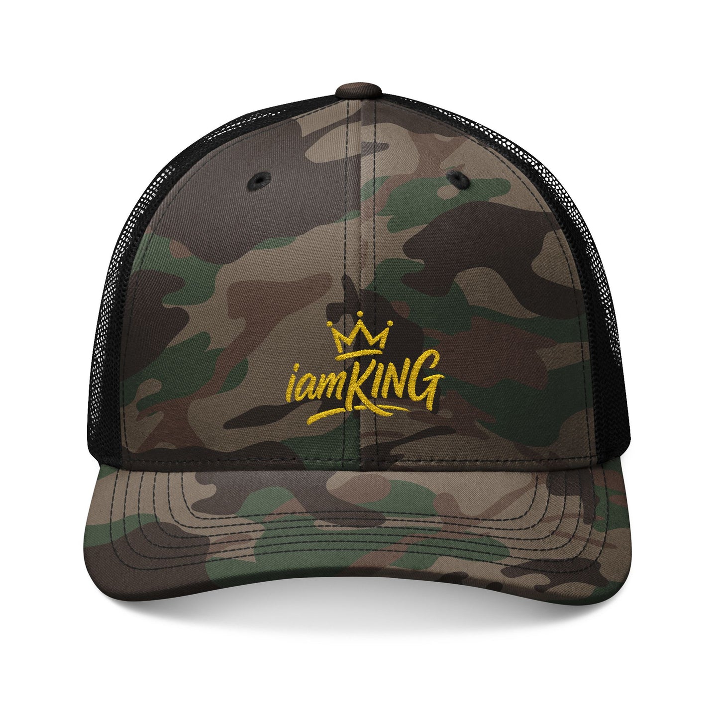 Camo Trucker Hat — "iamKING" Yellow Embroidery