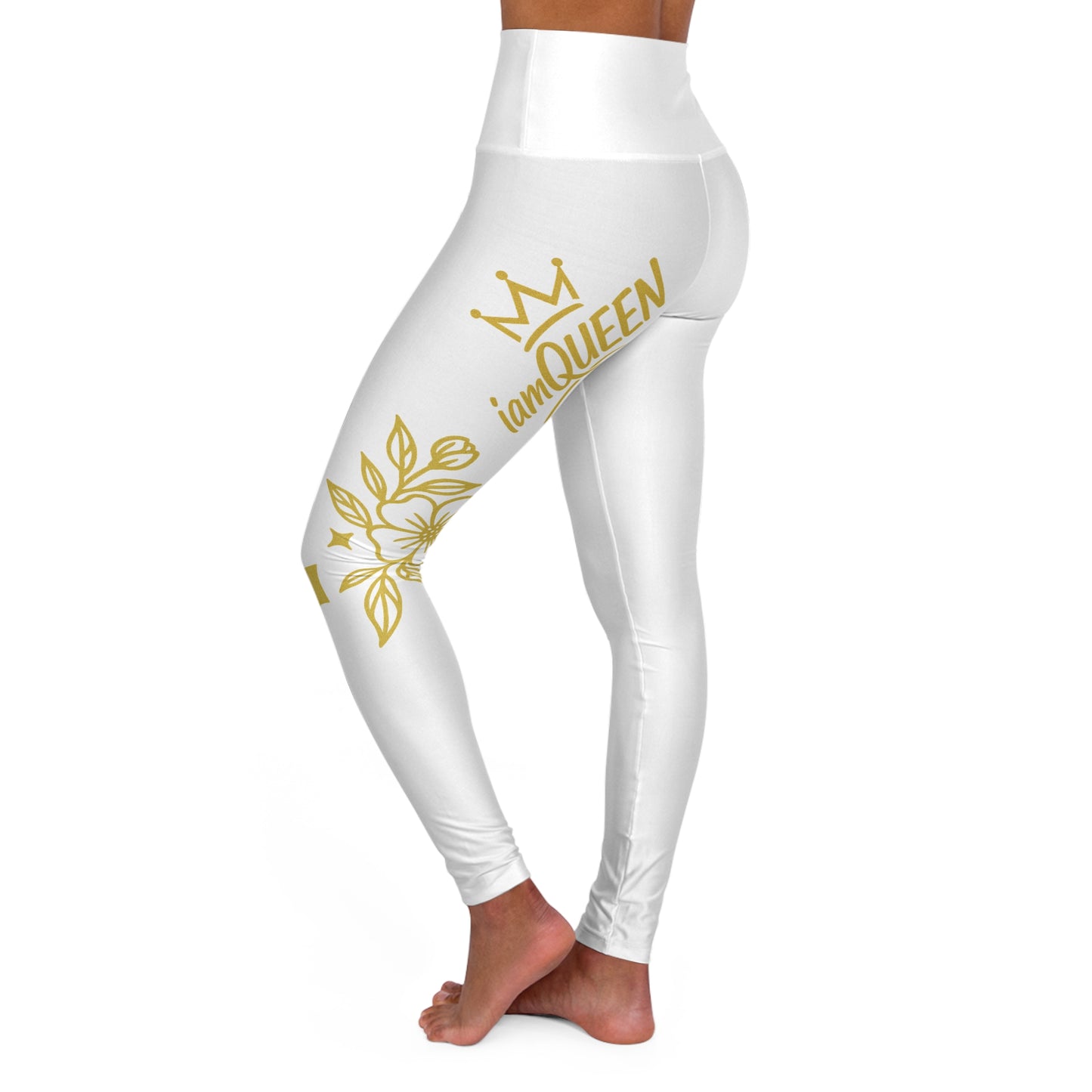 High-Waisted Yoga Leggings — Gold Floral “Namaste Queen” Side Print