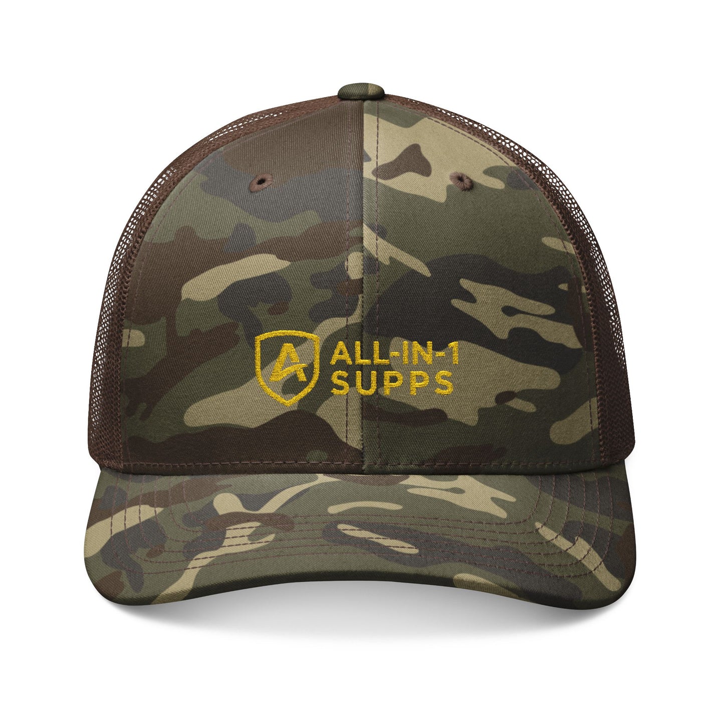 Camouflage Trucker Hat — Embroidered "All-In-1 Supps" Logo