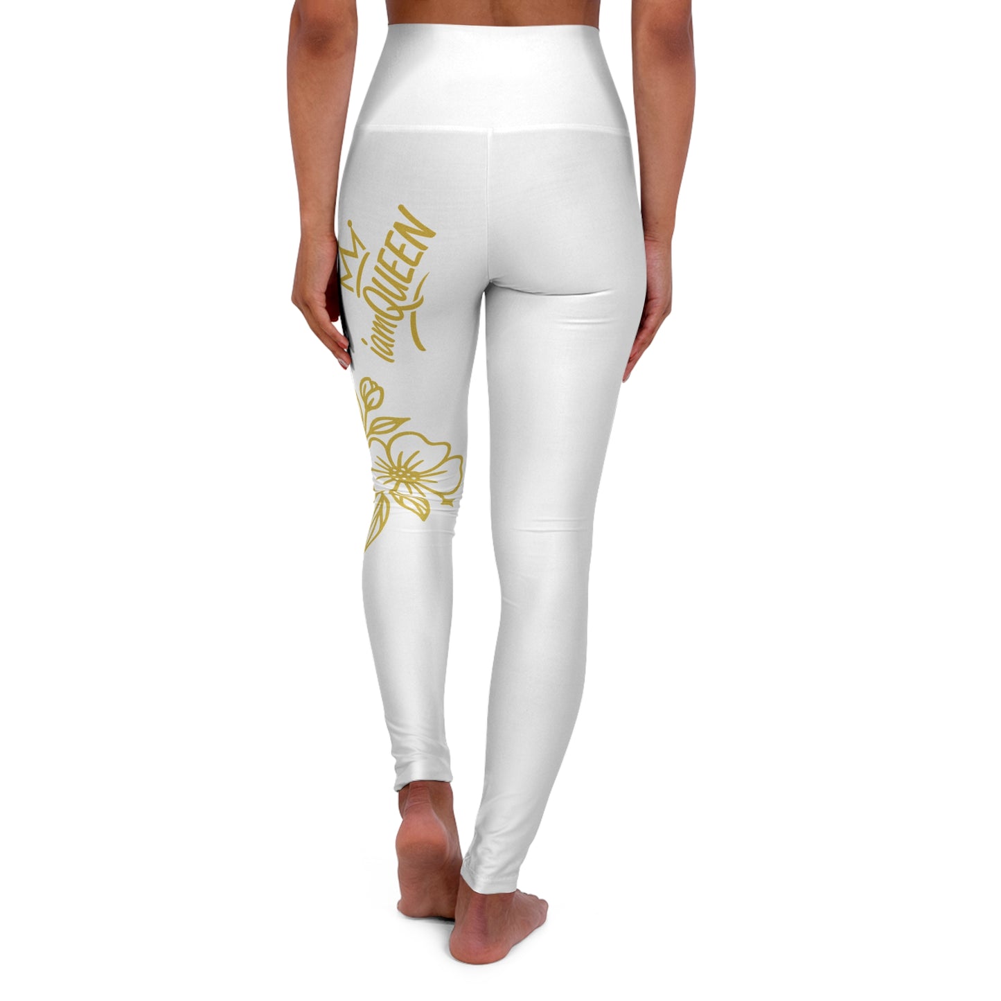 High-Waisted Yoga Leggings — Gold Floral “Namaste Queen” Side Print