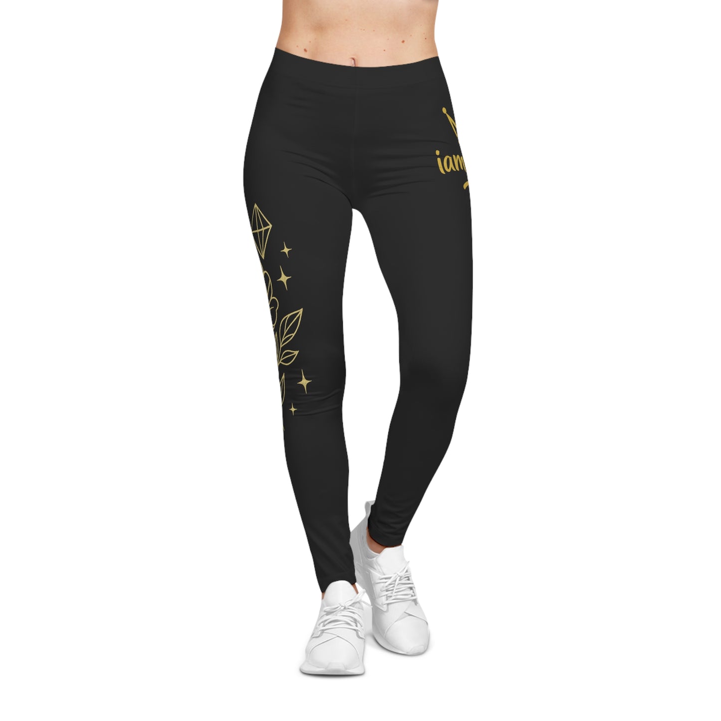 Women's 'iamQUEEN' Black & Gold Floral Leggings